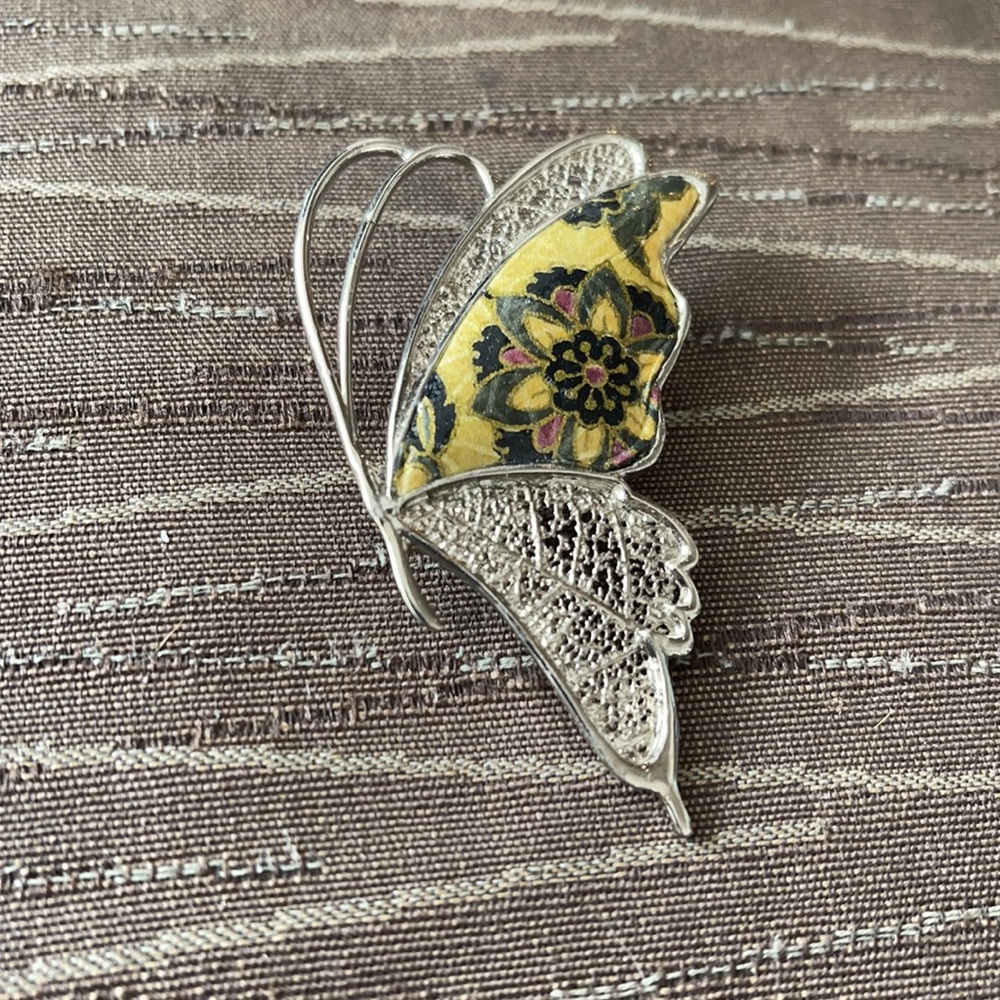 Yellow/Green/Blue/Pink Floral Silver Toned Butterfly Brooch